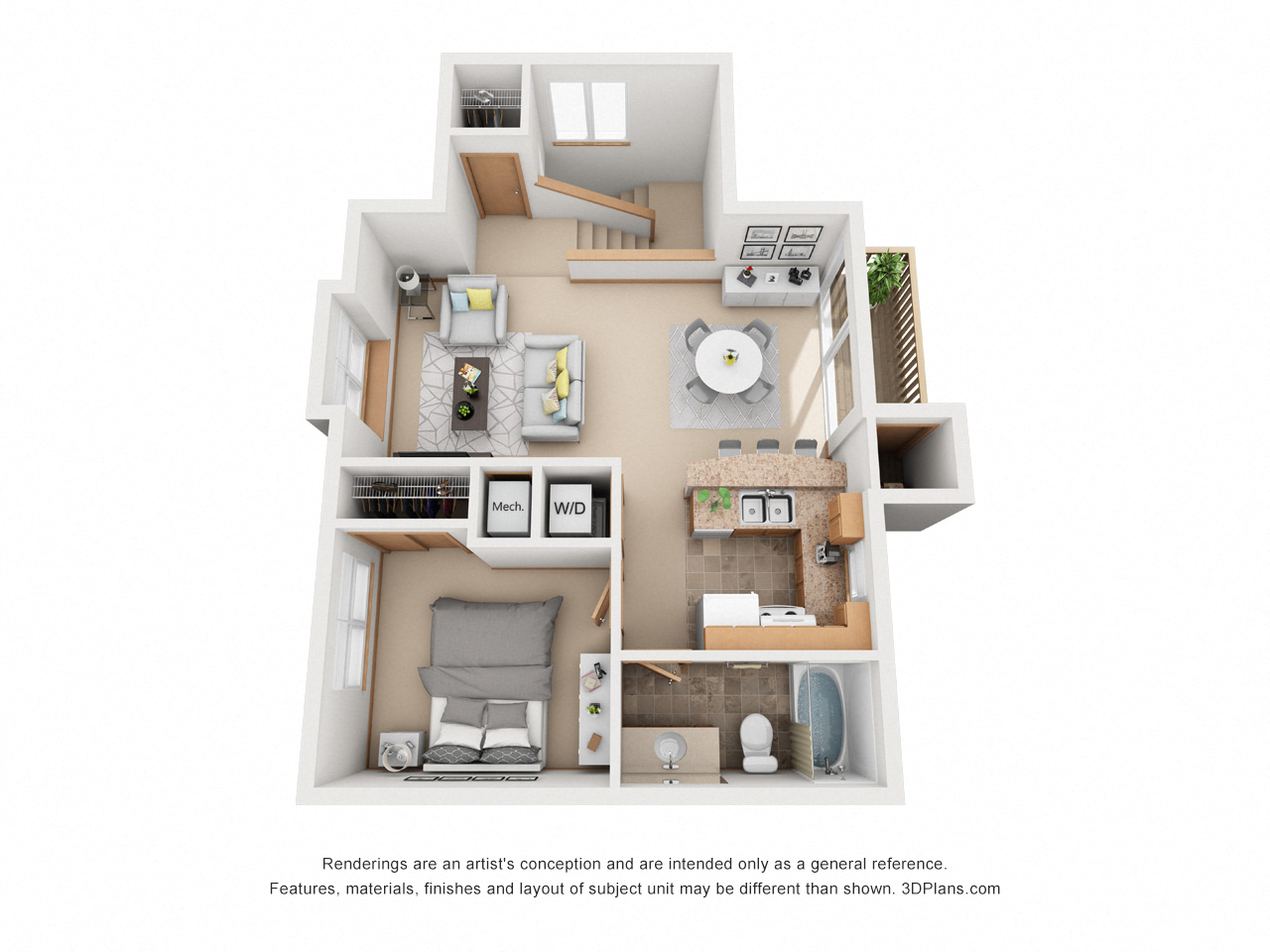 Floor plan for 1 bed, 1 bath, 758 sqft